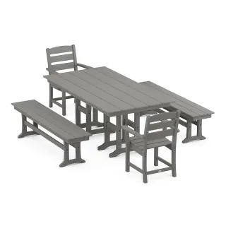 POLYWOOD Lakeside 5-Piece Farmhouse Dining Set with Benches