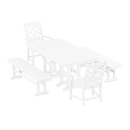Chinoiserie 5-Piece Farmhouse Dining Set with Benches in White