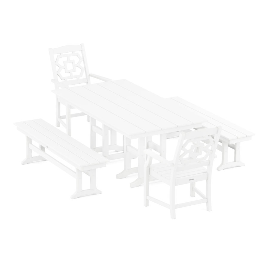 POLYWOOD Chinoiserie 5-Piece Farmhouse Dining Set with Benches in White