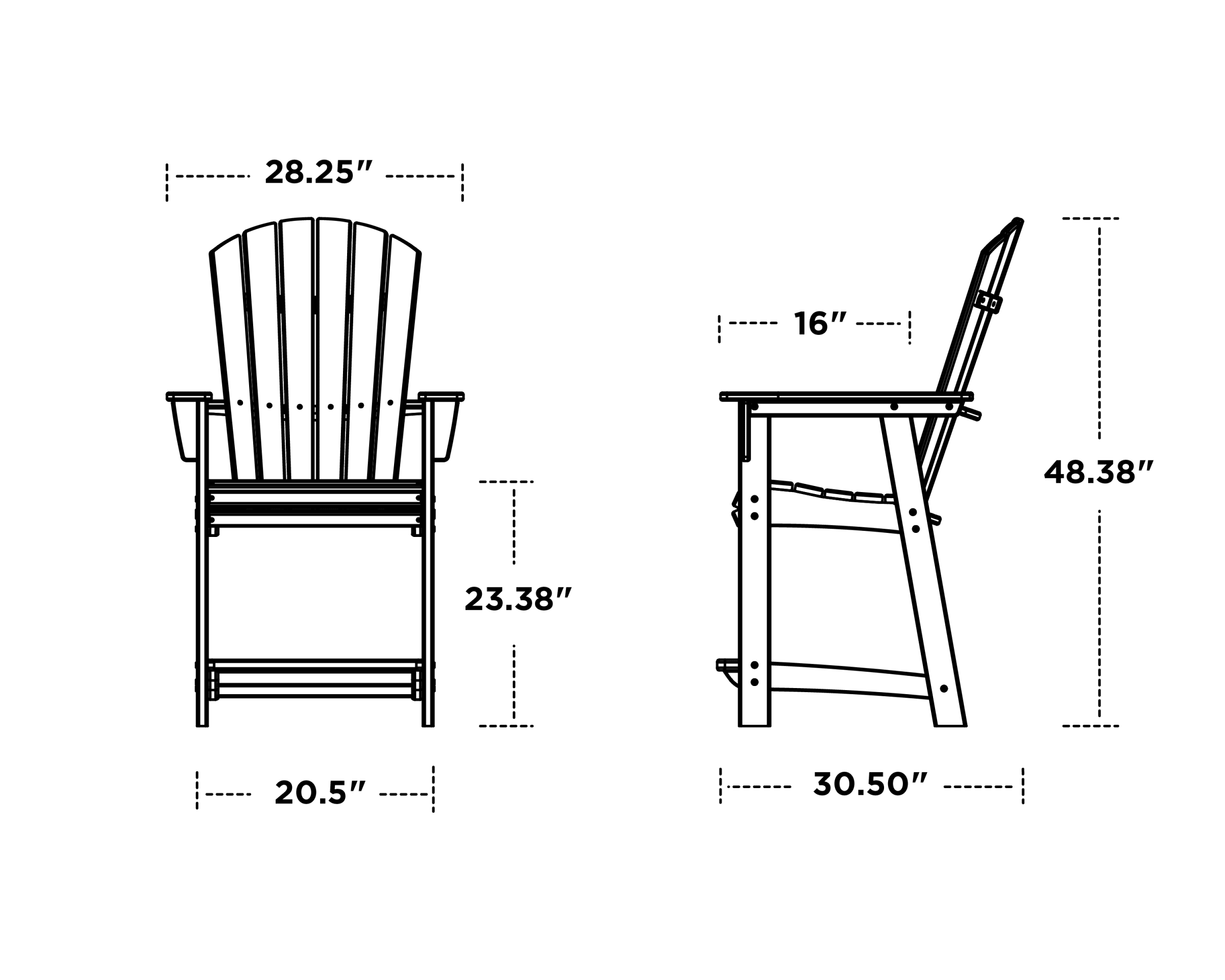Dimensions for Nautical Curveback Adirondack Counter Chair