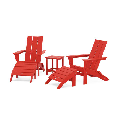 POLYWOOD Modern Folding Adirondack Chair 5-Piece Set with Ottomans and 18" Side Table in Sunset Red