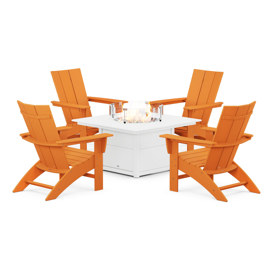 POLYWOOD Modern Curveback Adirondack 5-Piece Conversation Set with Fire Pit Table in Tangerine