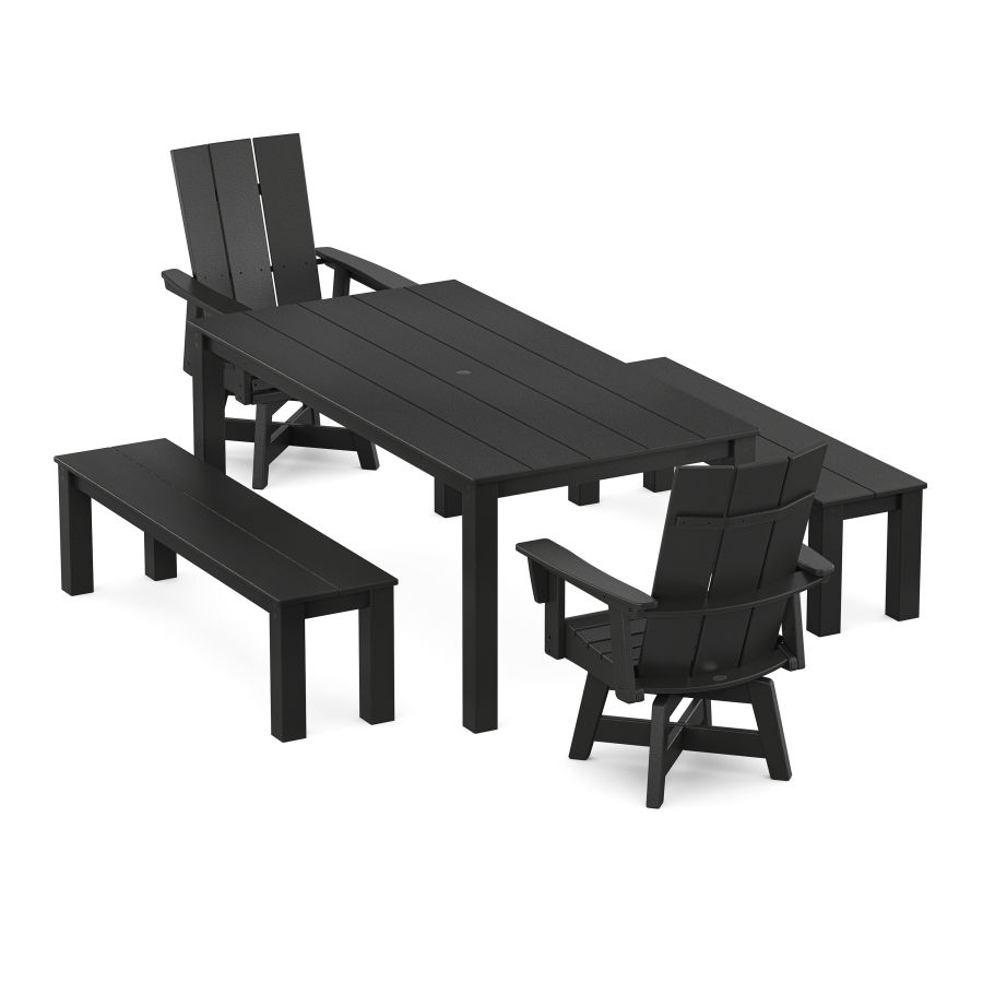 POLYWOOD Modern Curveback Adirondack 5-Piece Parsons Swivel Dining Set with Benches in Black