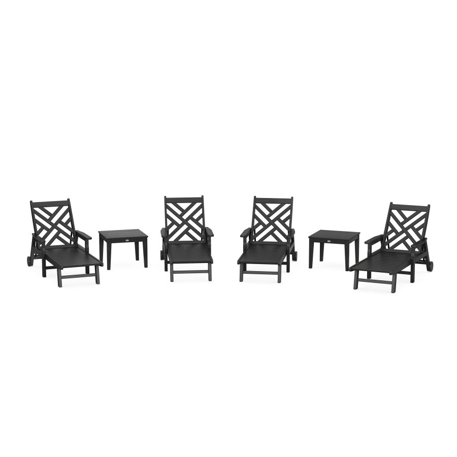 POLYWOOD Chippendale 6-Piece Chaise Set with Arms and Wheels in Black