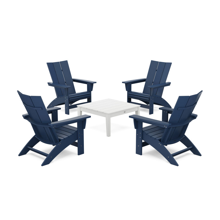 POLYWOOD 5-Piece Modern Grand Adirondack Chair Conversation Group in Navy / White