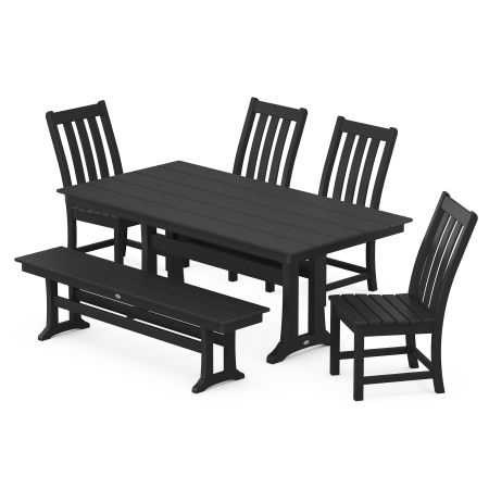 Vineyard 6-Piece Farmhouse Trestle Side Chair Dining Set with Bench in Black