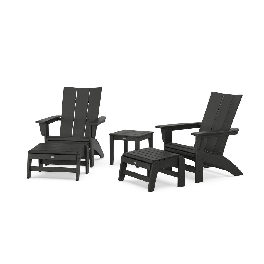 POLYWOOD 5-Piece Modern Grand Adirondack Set with Ottomans and Side Table in Black