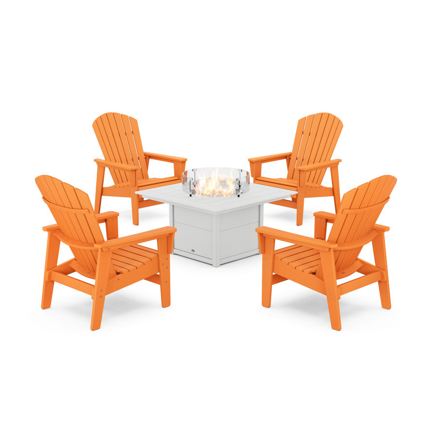 POLYWOOD 5-Piece Nautical Grand Upright Adirondack Conversation Set with Fire Pit Table in Tangerine / White