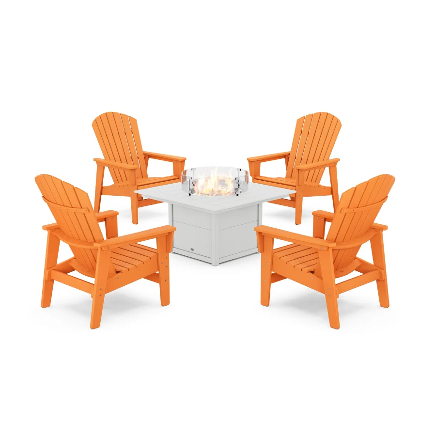 POLYWOOD 5-Piece Nautical Grand Upright Adirondack Conversation Set with Fire Pit Table in Tangerine / White