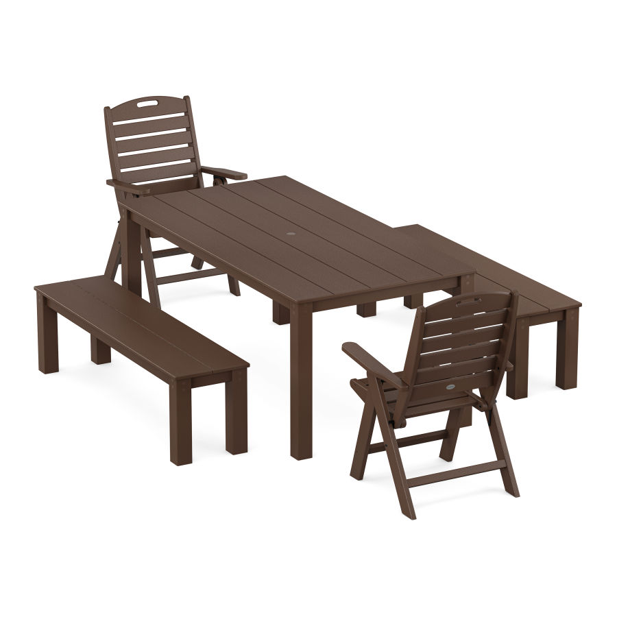 POLYWOOD Nautical Folding Highback Chair 5-Piece Parsons Dining Set with Benches in Mahogany