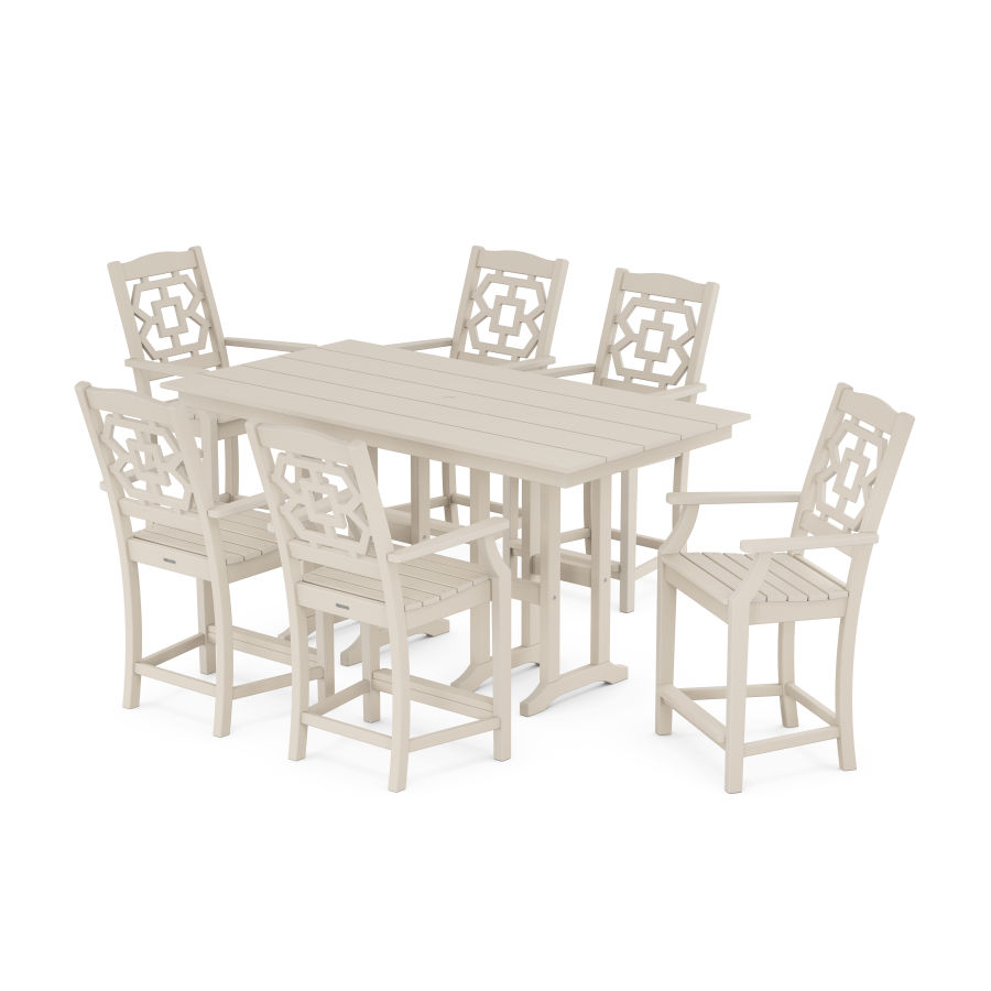 POLYWOOD Chinoiserie Arm Chair 7-Piece Farmhouse Counter Set in Sand