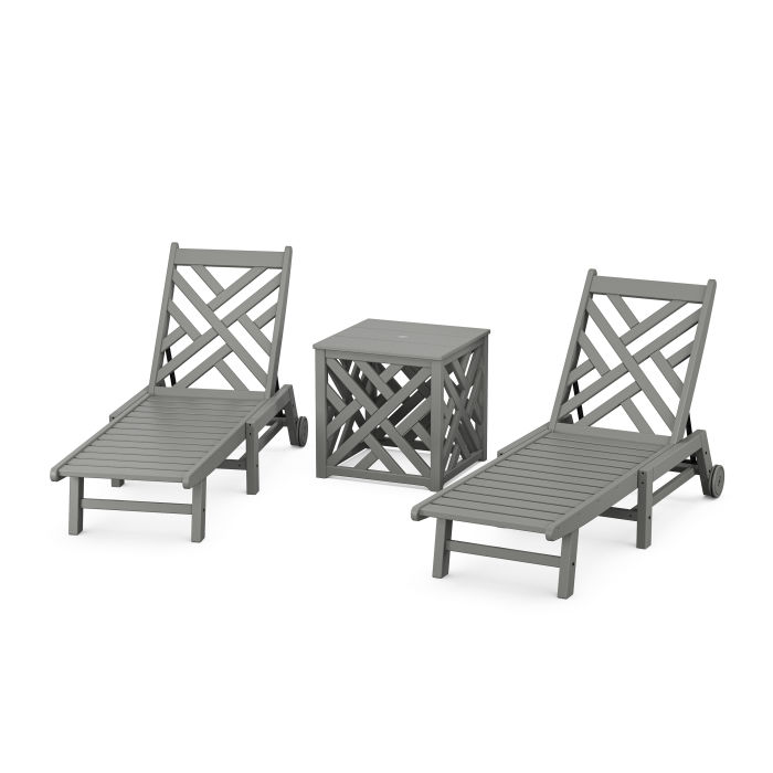 POLYWOOD Chippendale 3-Piece Chaise Set with Wheels and Umbrella Stand Accent Table