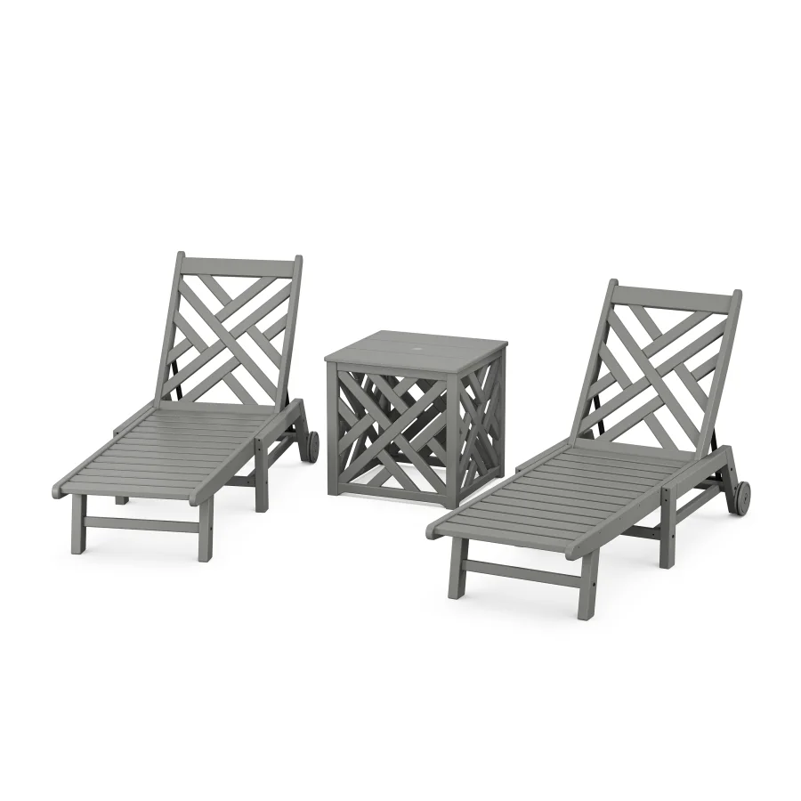 POLYWOOD Chippendale 3-Piece Chaise Set with Wheels and Umbrella Stand Accent Table