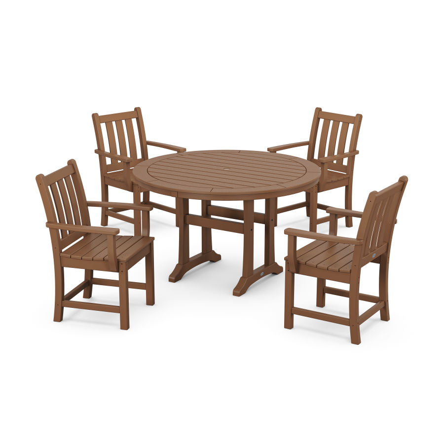 POLYWOOD Traditional Garden 5-Piece Round Dining Set with Trestle Legs in Teak