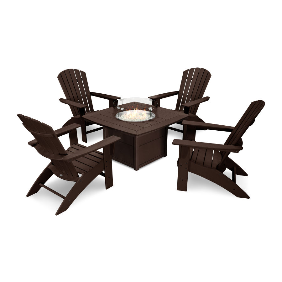 POLYWOOD Nautical Curveback Adirondack 5-Piece Conversation Set with Fire Pit Table in Mahogany