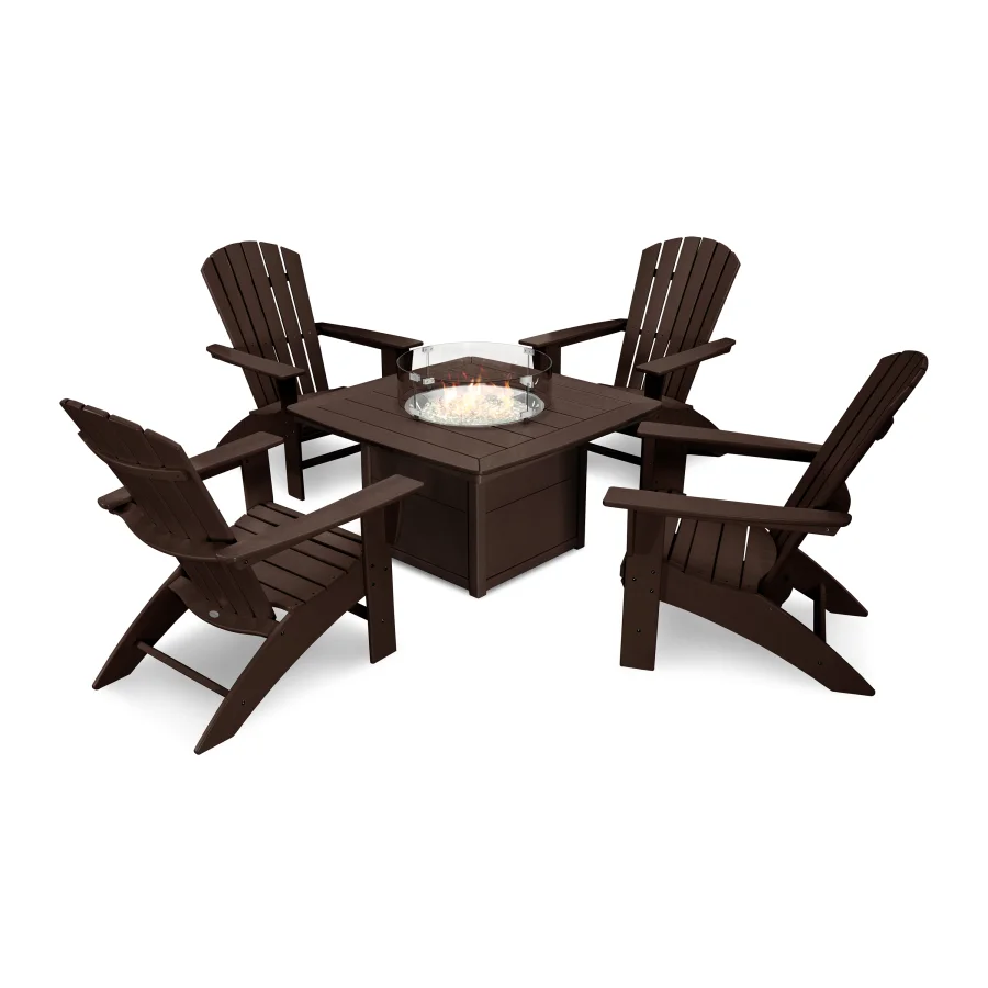 POLYWOOD Nautical Curveback Adirondack 5-Piece Conversation Set with Fire Pit Table in Mahogany