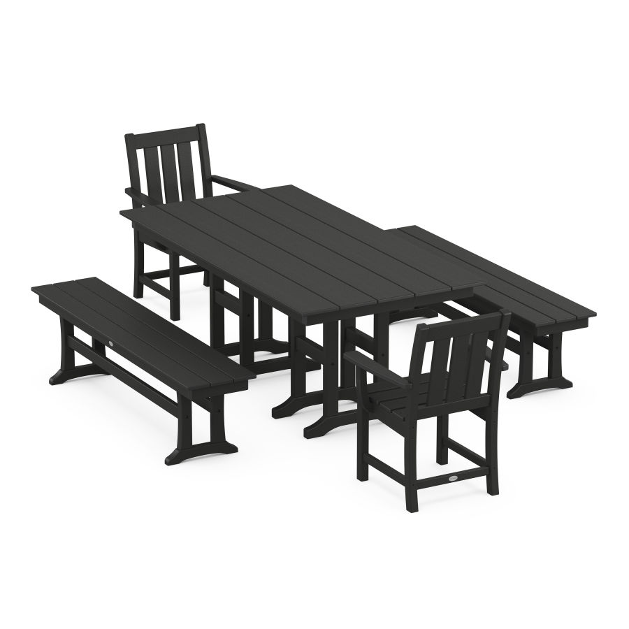 POLYWOOD Oxford 5-Piece Farmhouse Dining Set with Benches in Black