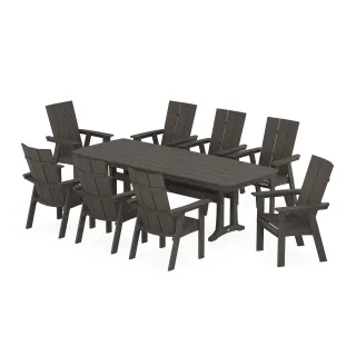 POLYWOOD Modern Curveback Adirondack 9-Piece Dining Set with Trestle Legs in Vintage Finish