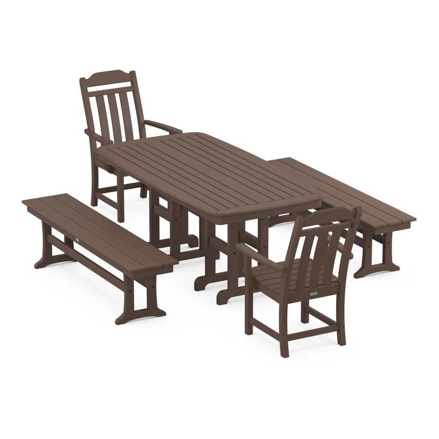 POLYWOOD Country Living 5-Piece Dining Set with Benches in Mahogany