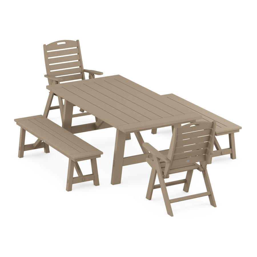 POLYWOOD Nautical Folding Highback Chair 5-Piece Rustic Farmhouse Dining Set With Benches in Vintage Sahara