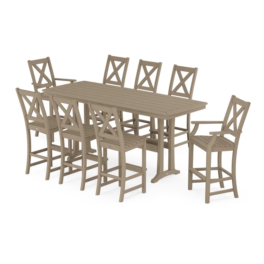 POLYWOOD Braxton 9-Piece Bar Set with Trestle Legs in Vintage Sahara