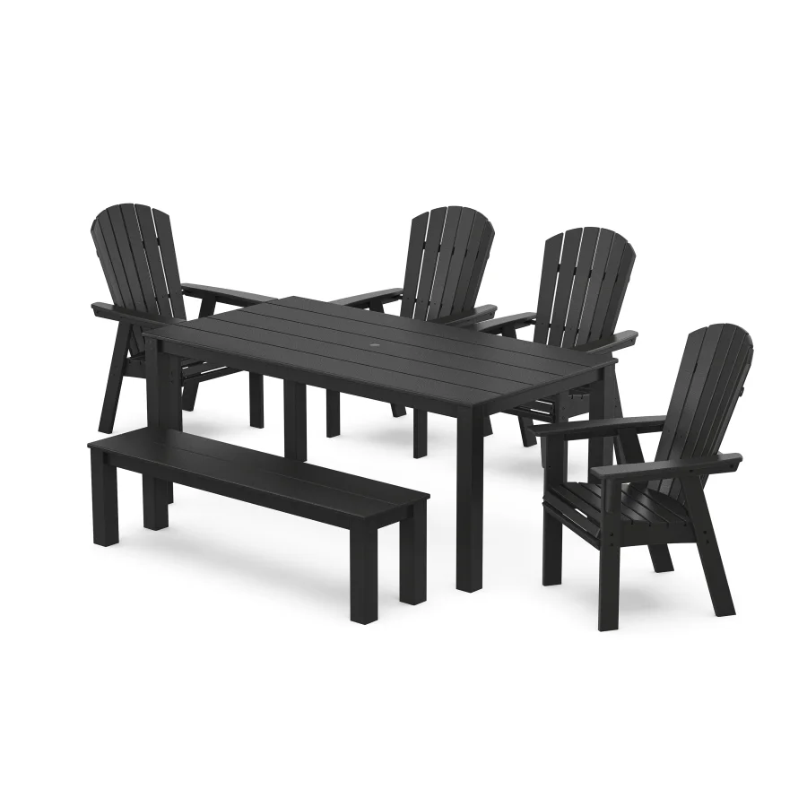 POLYWOOD Nautical Curveback Adirondack 6-Piece Parsons Dining Set with Bench in Black