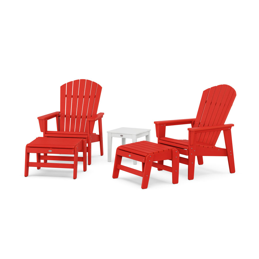 POLYWOOD 5-Piece Nautical Grand Upright Adirondack Set with Ottomans and Side Table in Sunset Red / White