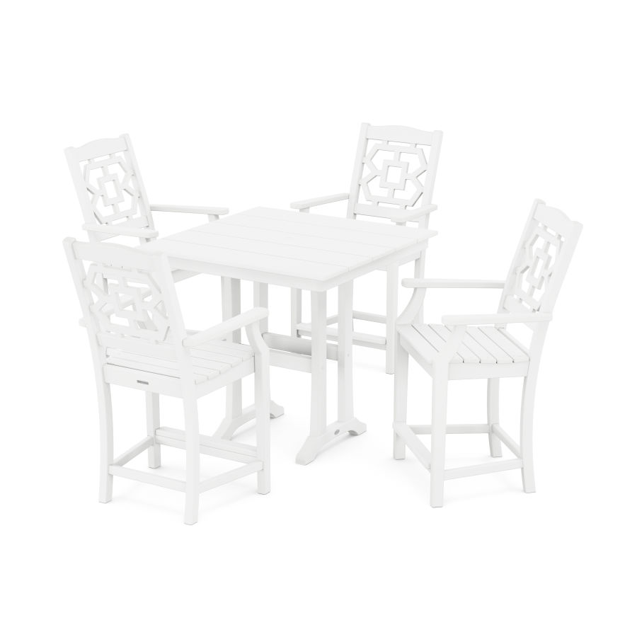 POLYWOOD Chinoiserie 5-Piece Farmhouse Counter Set with Trestle Legs in White