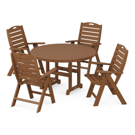 POLYWOOD Nautical Folding Chair 5-Piece Round Farmhouse Dining Set in Teak