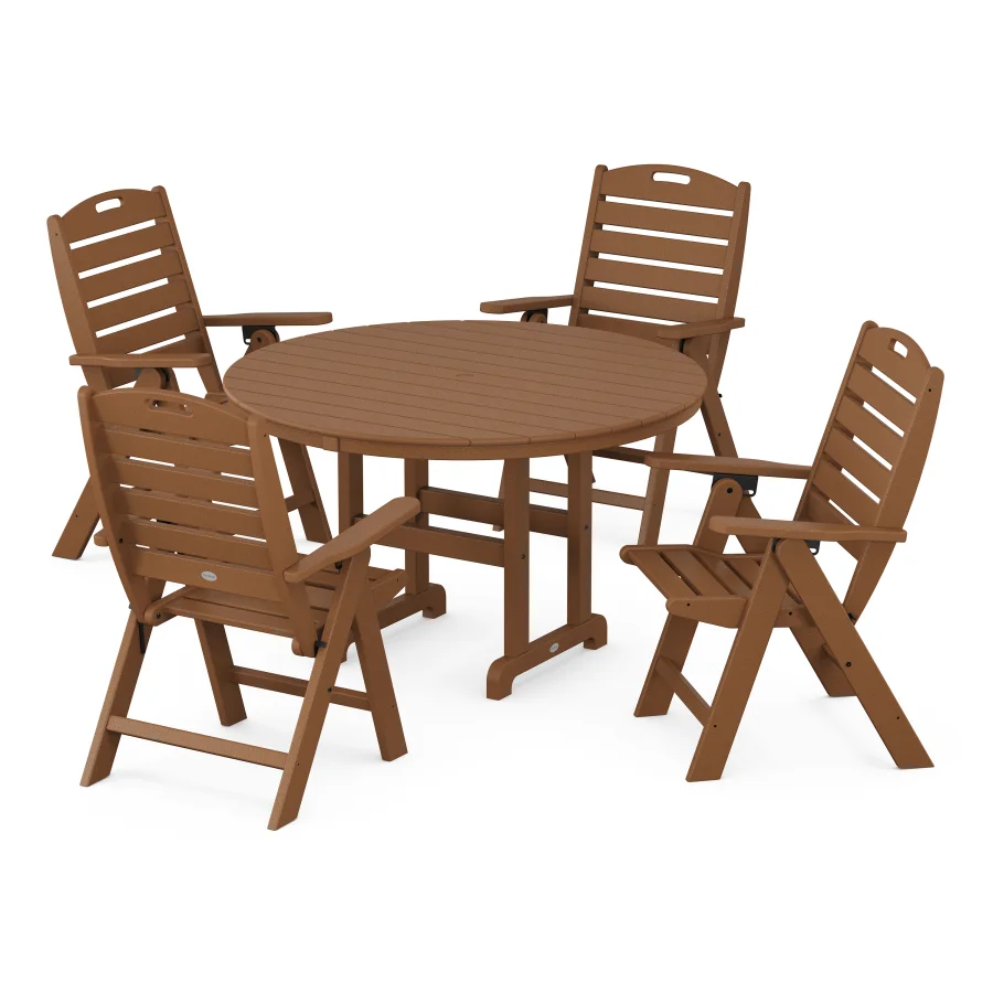 POLYWOOD Nautical Folding Chair 5-Piece Round Farmhouse Dining Set in Teak