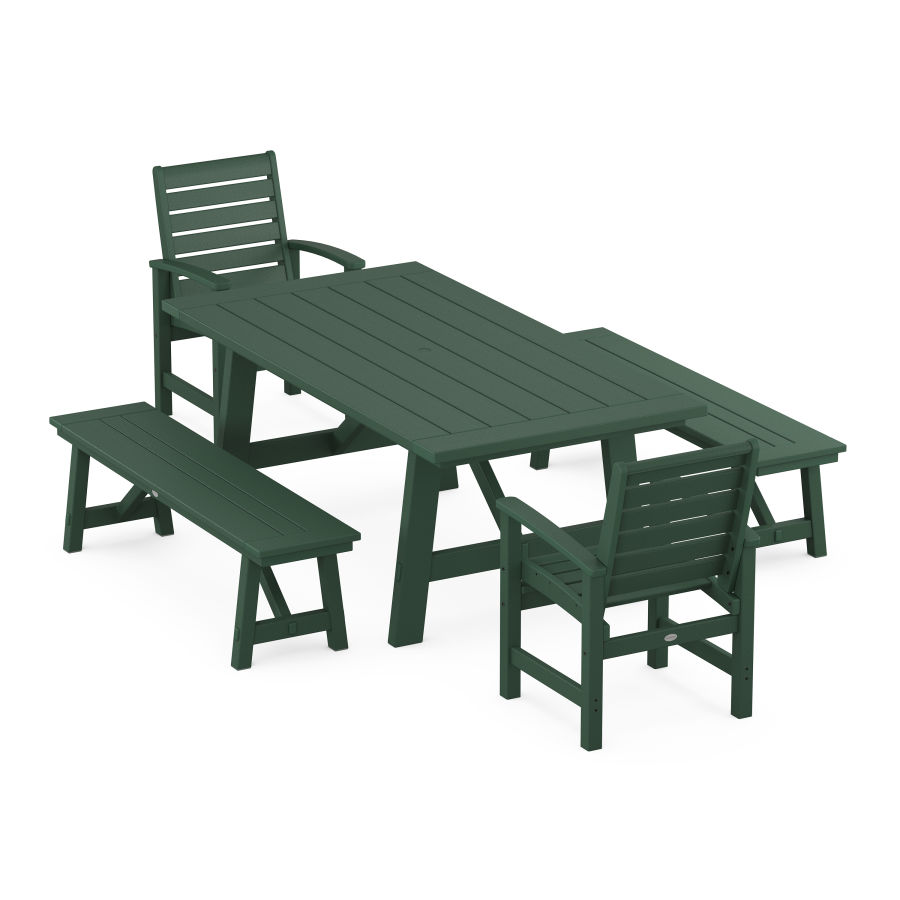 POLYWOOD Signature 5-Piece Rustic Farmhouse Dining Set With Trestle Legs in Green