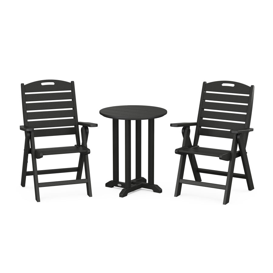 POLYWOOD Nautical Folding Highback Chair 3-Piece Round Dining Set in Black