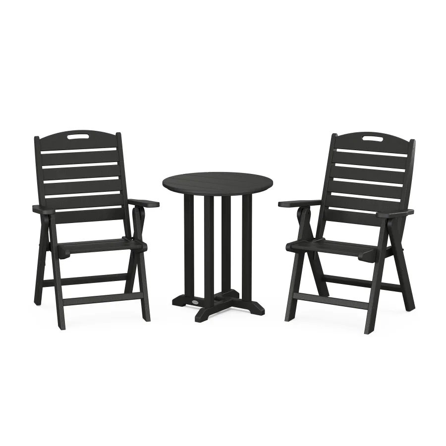 POLYWOOD Nautical Folding Highback Chair 3-Piece Round Bistro Dining Set in Black