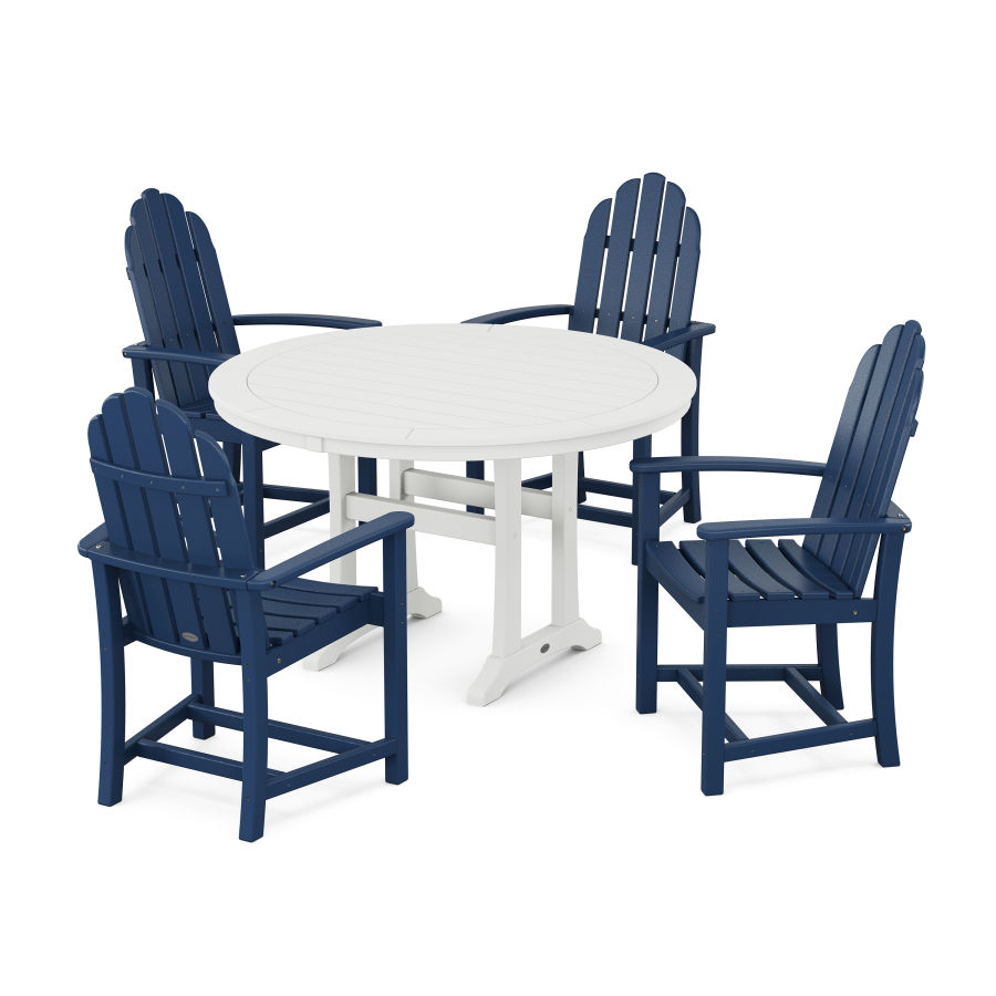 POLYWOOD Classic Adirondack 5-Piece Round Dining Set with Trestle Legs in Navy / White