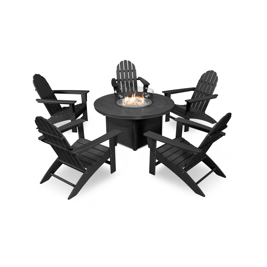 POLYWOOD Vineyard Adirondack 6-Piece Chat Set with Fire Pit Table in Black