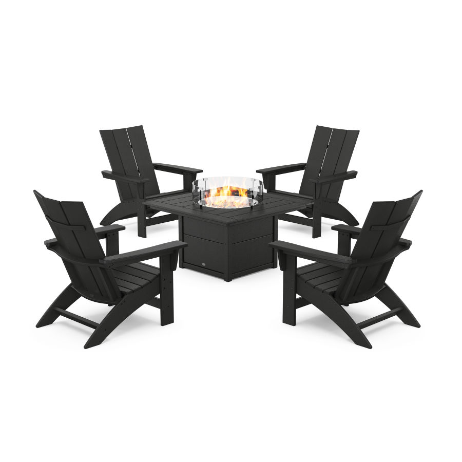 POLYWOOD 5-Piece Modern Grand Adirondack Conversation Set with Fire Pit Table in Black