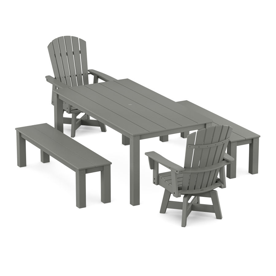 POLYWOOD Nautical Curveback Adirondack Swivel 5-Piece Parsons Dining Set with Benches in Slate Grey