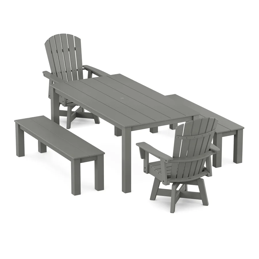 POLYWOOD Nautical Curveback Adirondack Swivel 5-Piece Parsons Dining Set with Benches