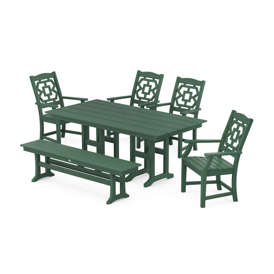 POLYWOOD Chinoiserie 6-Piece Farmhouse Dining Set with Bench in Green
