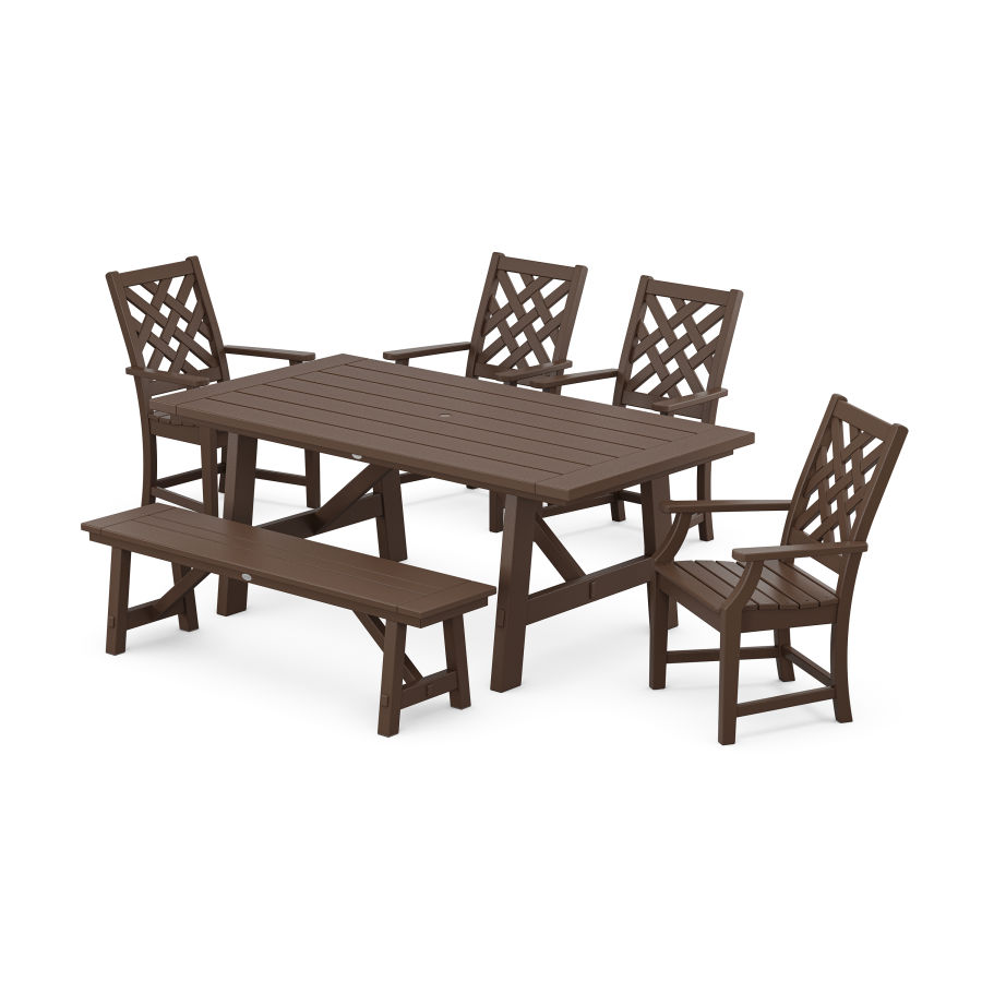 POLYWOOD Wovendale 6-Piece Rustic Farmhouse Dining Set with Bench in Mahogany