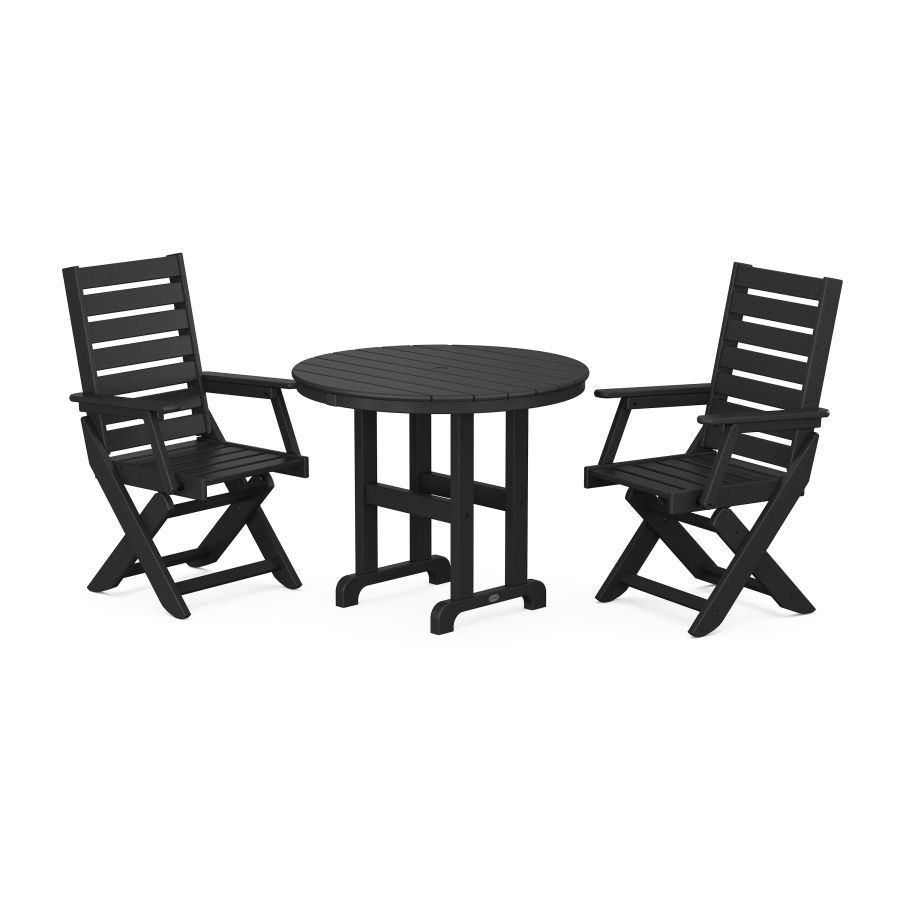 POLYWOOD Captain Folding Chair 3-Piece Round Dining Set in Black