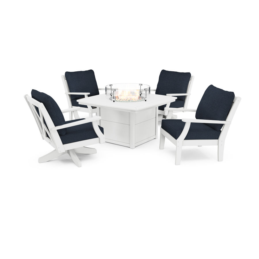 POLYWOOD Braxton 5-Piece Deep Seating Set with Fire Table in White / Marine Indigo