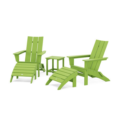 Modern Folding Adirondack Chair 5-Piece Set with Ottomans and 18" Side Table in Lime