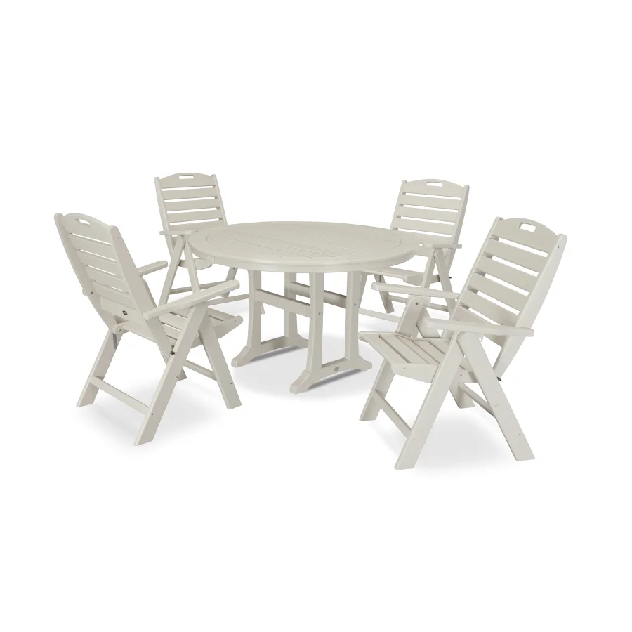 POLYWOOD Nautical Highback Chair 5-Piece Round Dining Set with Trestle Legs in Sand