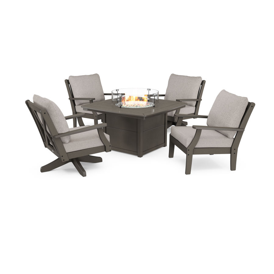 POLYWOOD Braxton 5-Piece Deep Seating Set with Fire Table in Vintage Coffee / Weathered Tweed