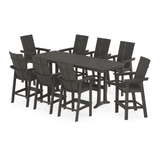 POLYWOOD Modern Curveback Adirondack 9-Piece Bar Set with Trestle Legs in Vintage Finish