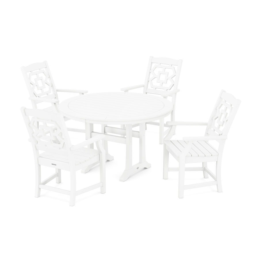 POLYWOOD Chinoiserie 5-Piece Round Dining Set with Trestle Legs in White