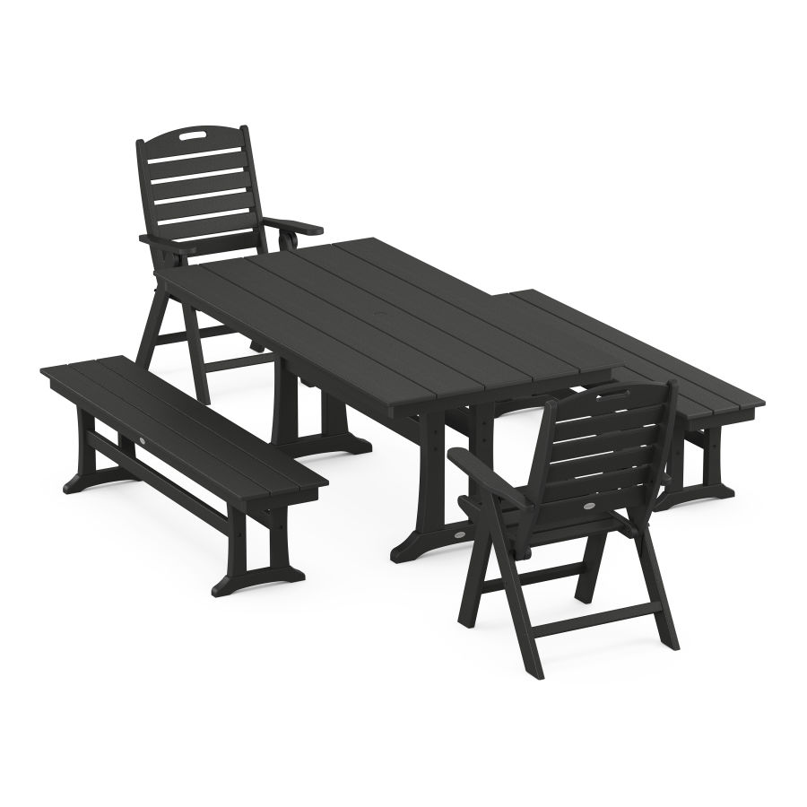 POLYWOOD Nautical Folding Highback Chair 5-Piece Farmhouse Dining Set With Trestle Legs and Benches in Black