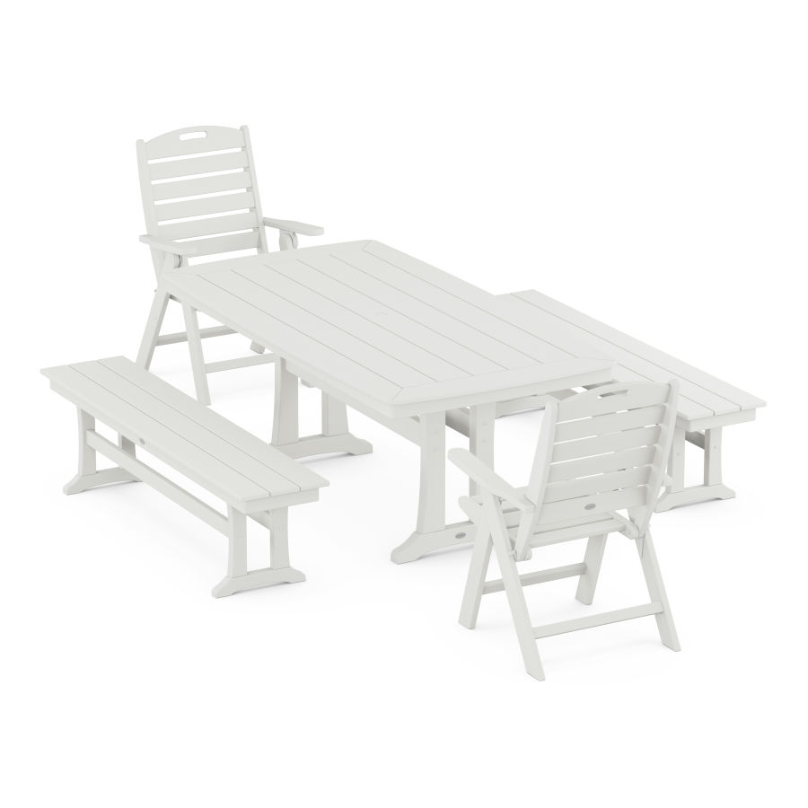 POLYWOOD Nautical Folding Highback Chair 5-Piece Dining Set with Trestle Legs and Benches in Vintage White