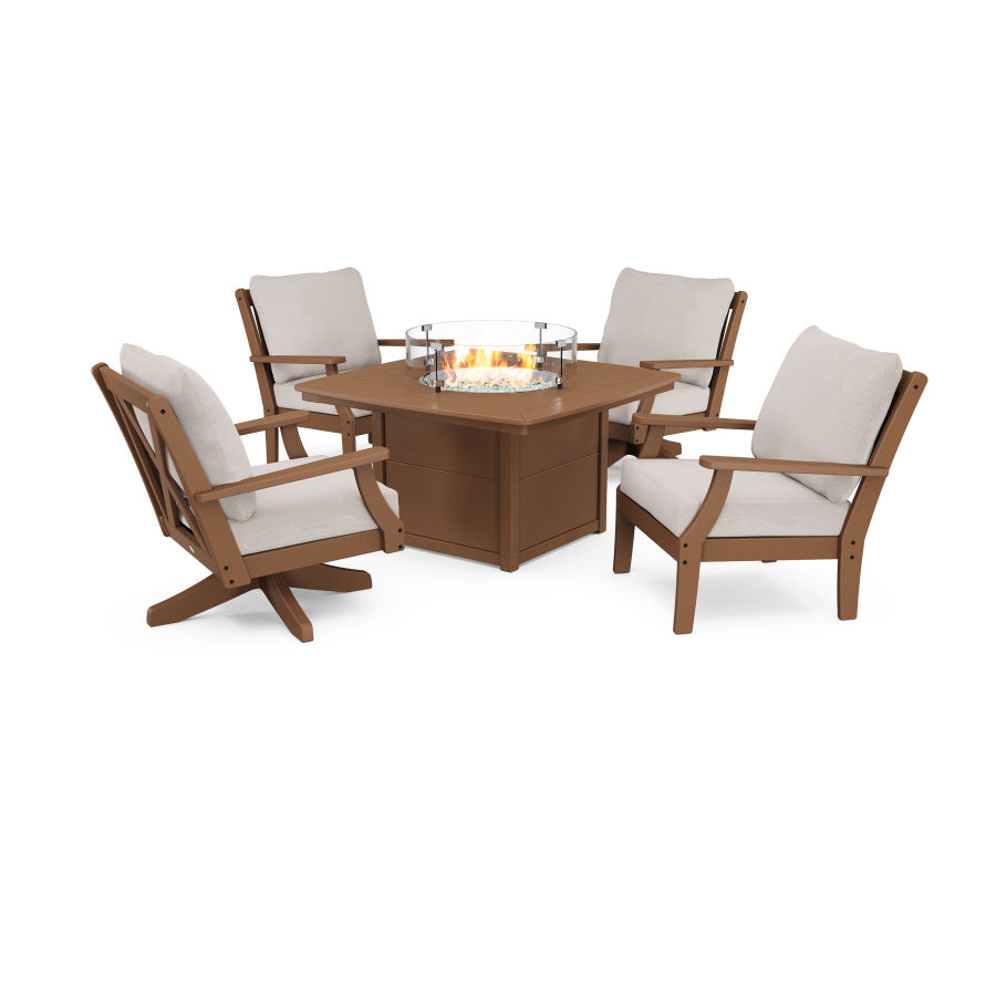 POLYWOOD Braxton 5-Piece Deep Seating Set with Fire Table in Teak / Dune Burlap